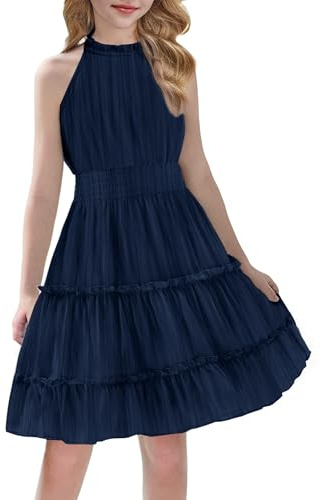 Arshiner Flickklänning, ärmlös, sommar, barnfestklänningar, grimma hals, festlig, lätt, axellös chiffongklänning, A-linje, casual, midi, eleganta aftonklänningar för flickor 6-13 år, marinblå, 9-10 År