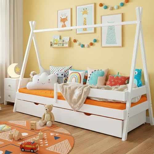 MEBLE WRÓBEL Kinderbett Tipi 90x200 cm in Weiß - Bett aus Kiefernholz mit Schublade & Rausfallschutz - Hausbett für Mädchen und Jungen - Abgerundete Kanten
