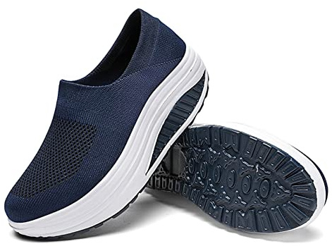 Generiska lätta sportskor dam, plattformsskor för kvinnor, platåsneakers halkfria slip-on stövletter utomhus slip-on mjuk tjock sula fritidsskor andas vandringsskor, Mörkblå, 39 EU