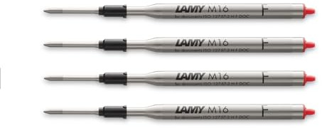 LAMY M16 4er-Set Kugelschreiber-Großraummine aus Metall - Original Ersatzmine für alle Lamy Kugelschreiber Modelle - dokumentenecht - Strichbreite Fein in Tintenfarbe rot