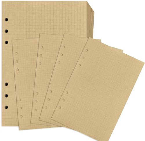 Jiaoshou Pan Ringbucheinlagen A5 Kraftpapier Kariert, 240 Blätter Nachfüllpapier 6 Loch, Refill Paper Nachfülleinlagen Notizpapier für Reisetagebuch Planer Skizze