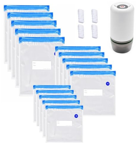 JZK 15 bolsas selladoras al vacío reutilizables y bomba de aire eléctrica portátil para almacenamiento de alimentos, bolsas de congelador con cierre hermético sin BPA para conservación de la frescura