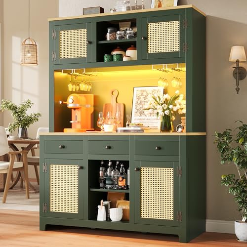 Merax Küchenschrank 180cm hoch mit LED, Hochschrank Sideboard für Küche mit Arbeitsplatte, Buffetschrank mit Verstellbare Einlegeböden & 4 Rattantüren & 3 Schubladen & Weinglasregal, Kippschutz, Grün