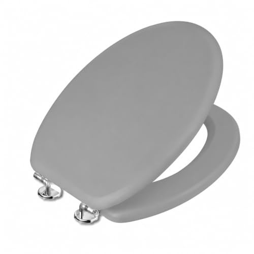 Virtime Tavoletta WC Universale in MDF Effetto Legno con Coperchio, Cerniere in Metallo Cromato, Sedile Water Elegante e Resistente, 34 x 42 x 4 cm, (Grigio)