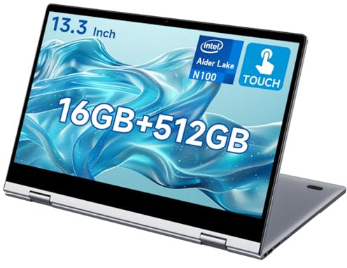 BMAX 2 en 1 Notebook 13,3 Pulgada PC Pantalla Táctil N100 CPU 16GB RAM 512GB SSD Convertible 360° Computadora Portatil, Teclado retroiluminado 1920x1080 IPS BT4.2 Type Cx2 Protege el Teclado Español