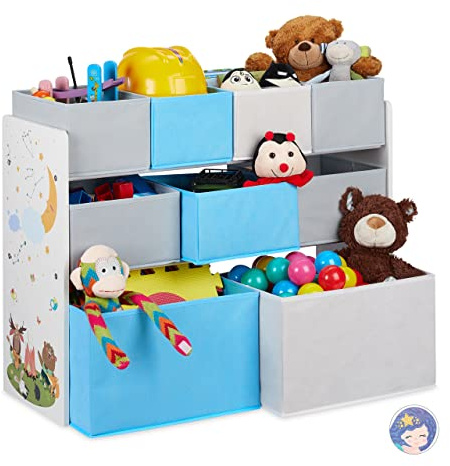 Relaxdays Scaffale Porta Giochi con 9 Scatole di Stoffa, Immagine di Un Falò, Organizer, 66 x 82,5 x 29,5 cm, Colorato
