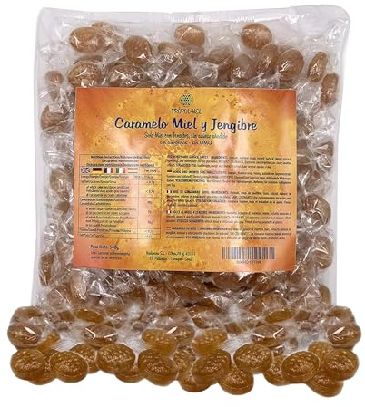 500 g - Caramelos (Sin Azúcar) con miel y jengibre. Sin alergenos. Recomendado para el mal aliento, el aparato bucal y la garganta