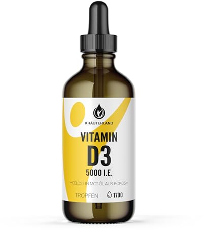 Kräuterland Vitamin D3-50ml - gelöst in MCT-ÖL - 5000 I.E. Vitamin D3 pro Tropfen, 1700 Tropfen mit Vitamin D3, Hoch bioverfügbar, Hochdosiert, Premium-Qualität made in Germany