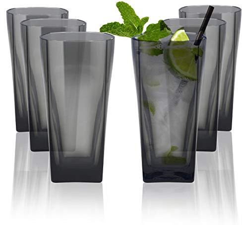 Ulable 12 Oz Reusable Clear Plastic Water Tumblers, Stackable Shatterproof Clear Drinking Glasses, Unbreakable Portable Cups, BPA Free, Set of 6 (Grey)