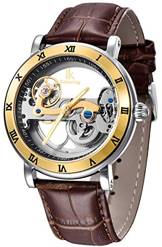 Alienwork IK Orologio Automatico Uomo Donna Argento Bracciale in Cuoio Rosolare Scheletro Fondo in Vetro