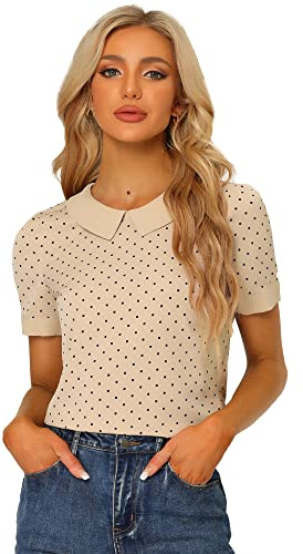 Allegra K Women's Peter Pan Collar Shirt Vintage 1950s Polka Dots Blouse Small Dark Beige