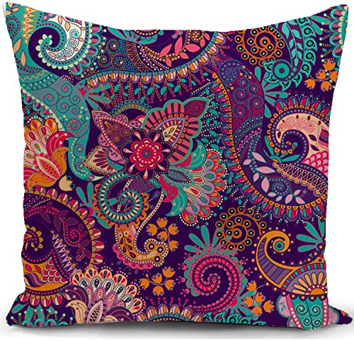 KUNQIAN Cushion Cover Boho Purple Bohemian Mandala Paisley Hippie Decor Abstract Flower Pillow Cover for Home Livingroom Couch Bed Sofa Decorate 18x18 45x45cm
