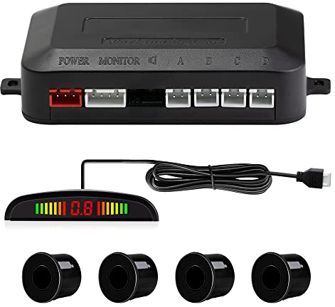 Einparkhilfe mit 4 Vorne Hinteren Parksensoren mit Summer LED-Anzeige (4 Sensoren, Schwarz)