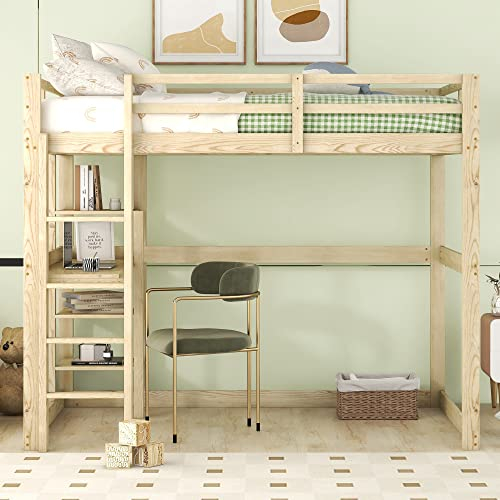 KecDuey Hochbett 140 x 200cm Bettgestell mit Stauraum, Doppelbett,Kinderbett,Jungenbett,komplett aus Kiefer, mit 4 Ablagefächern und Einer Schreibtischplatte (Natur, 140 X 200 cm)