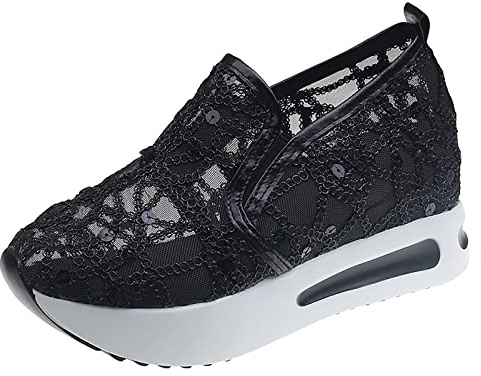 Sneaker da donna con paillette, zeppa, traspiranti, in pizzo, scarpe da corsa estive, per attività all'aria aperta, con glitter, A nero, 39 EU