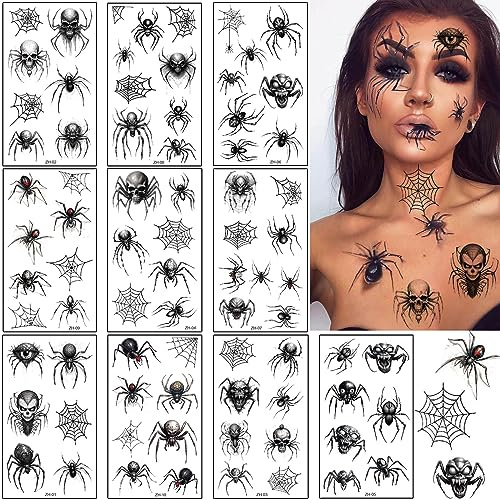 Spinnen Tattoo Gesicht, 10 Blatt Tattoo Gesicht, Temporäre Spinnennetz Tattoos für Mund, Face Kostüm Party Vampir Cosplay Schminke-Halloween Deko