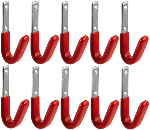 Gedotec Wandhalterung - Universalhaken Stahl verzinkt gummiert | 10 Stück Leiterhaken gebogen - rot | Gerätehaken inkl. Befestigungsmaterial | Allzweckhaken aus Metall | Wandhaken zum Schrauben