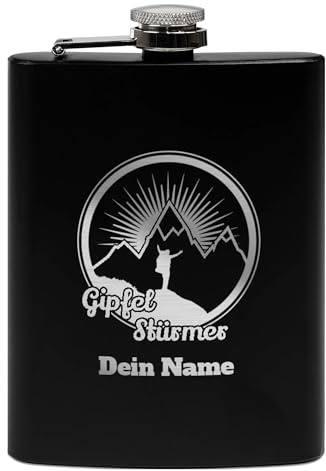 Flachmann mit Gravur aus Edelstahl selbst gestalten - Gipfel-Stürmer - mit Name gravieren - Geschenk Wandern Skifahren - Praktische Taschengröße | Schwarz, 226 ml