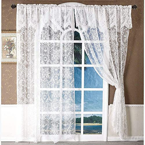 WUBODTI White Lace Sheer Curtains with Valances 96 Inches Long 2 Panels, Vintage Floral Embroidered Semi Sheer Curtain Rod Pocket Victorian Curtains with Attached Valance for Living Room Bedroom
