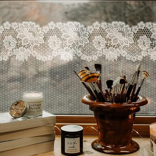 ChicSkin Fensterfolie mit Kunstspitzenmuster, doppelseitig, dekorative Fensterfolie, Blumen für Glasfenster, Tür, Sommerfenster, transparent, weißer Spitzenrahmen, 58 x 200 cm