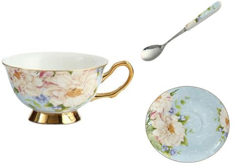 LINYUMEILL Taza De Té De Porcelana China Con Borde Dorado De Estilo Europeo Taza De Café De Cerámica Creativa Taza De Té De La Tarde Taza De Té Inglés Con Cuchara