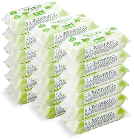 by Amazon Fresh Baby Feuchttücher, Hergestellt aus 100 % pflanzlichen Fasern, 1080 Tücher, 18er Pack (18 x 60 Stück)