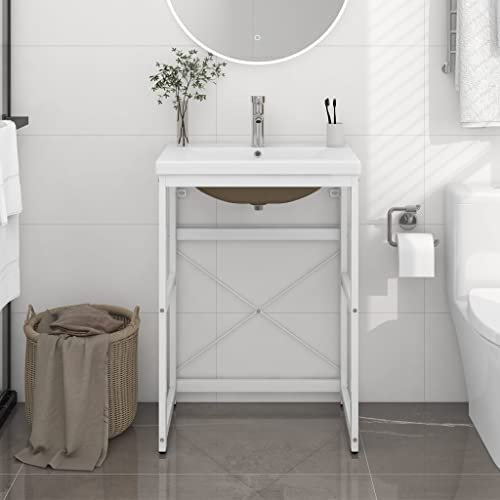 Brokky Bathroom Washbasin Frame with Built-in Basin White Iron-Floor Standing Vanity Cabinet,Bathroom Vanity Storage