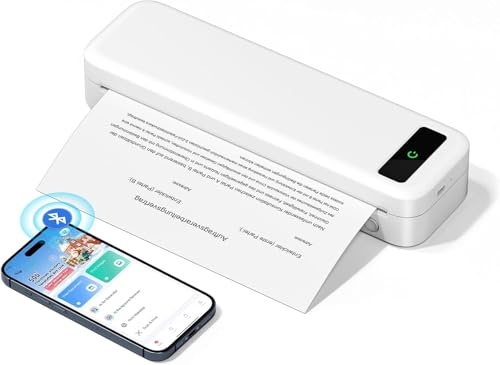 Imprimante Thermique Portable A4 sans Encre Compatible avec iOS, Android, Imprimante sans Fil Bluetooth pour Papier Thermique 216/210/110/80/53mm, Voyage, Bureau, École, Maison, Voiture, Blanc