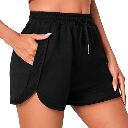 Litherday Short Femme Short de Sport Femme Été Fente latérale Pantalon Court pour Fitness Jogging Running Respirant Doux avec Poches Cordon Noir S