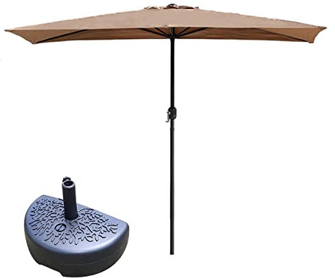 Demi-parasol rectangulaire de 2 m/2,5 m pour petits espaces, parasol de jardin robuste pour balcon, mur, porche, fenêtre, système de manivelle inclus, Marron clair + base, 200x100cm