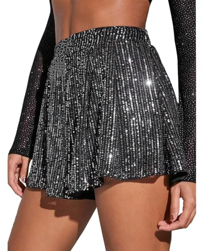 Fccrian Jupe short taille haute à paillettes pour femme - Mini jupe trapèze scintillante - Jupes grande taille pour femmes - 4X à 5X, Argenté., S