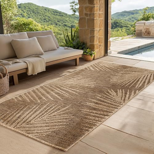 SIMPEX Outdoor Teppich Läufer 80x250 cm Wetterfest Pflegeleicht Jute Natur Optik Palmen Design für Flur Küche Terrasse Balkon