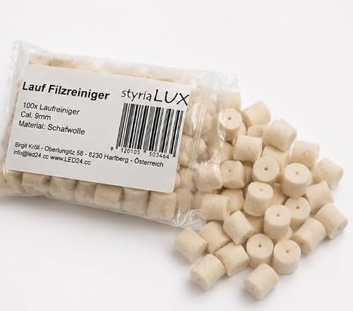 100 Stück 9mm Filz-Laufreiniger Pellets Filzreiniger für Kaliber 9mm para Luger .38 357 Magnum, Pistolen Revolver und großkaliber Gewehre zum Reinigen pflegen und Ölen für den Waffen-Lauf.