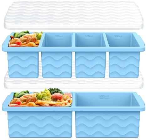 Lot de 2 plateaux de congélation en silicone avec couvercle pour soupe, 1 tasse et 2 tasses de grands moules à glaçons pour la préparation des repas, congeler des portions de 500 ml/250 ml/125 ml