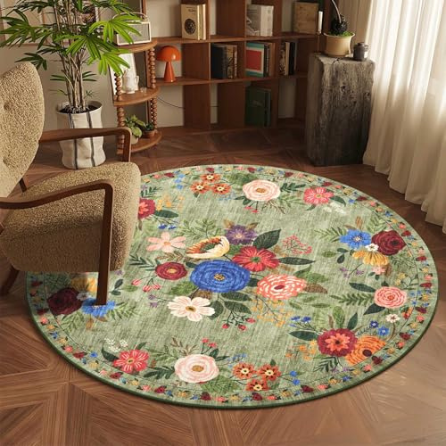 BYBSRLL Rund Matta 120 cm, Tvättbar & Skyddssulad Mjuk Kortflor Rund Matta, Vintage Blommor Boho Mönster, för Vardagsrum, Sovrum, Barnrum, Gästrum, Matsal, Kontor, Grön