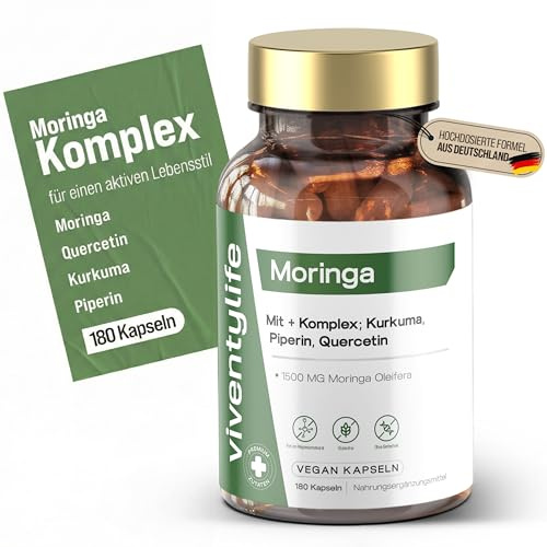 ViventyLife 1500mg Moringa Kapseln- 180 Vegan Kapseln- Komplex mit Quercetin, Kurkuma, Piperin und Vitamin C & D3