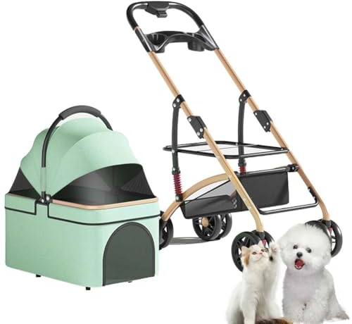 PJDDP Valpvagn med avtagbar bärsele, kattvagn med seleklips, förvaringskorg och mugghållare, hopfällbar hundvagn för små hundar och katter,Light green