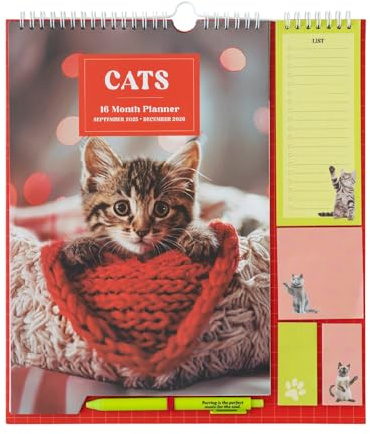 Calendario Familiar 2026 Gatos - Calendario 2026 pared : Planificador mensual | Incluye Pegatinas, Notas Adhesivas y Cuelga Fácil [16 MESES]