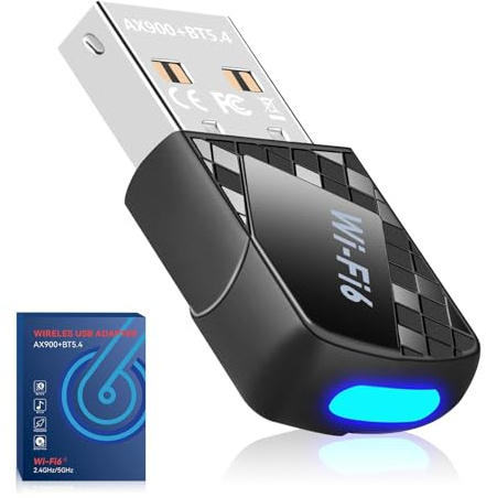Cle WiFi USB et Cle Bluetooth 5.4 pour Pc, Dongle Wi-FI 6 AX900 Double Bande 600MBit/s 5GHz, 286MBit/s 2,4GHz OFDMA+MU-MIMO WPA2-PSK Adaptateur USB WiFi Compatible avec Windows 11 10