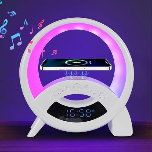 Lampe de Table Intelligente LED, 5 en 1 Lampe D'ambiance Avec Chargeur Sans Fil, Haut-parleur Bluetooth, Veilleuse, Lampe de Chevet, Réveil, TF/AUX/FM, Idéale pour la Chambre à Coucher, Cadeau (Blanc)