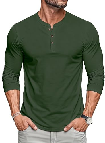 MAGCOMSEN Mens Henley T-Shirt Breathable Plain Long Sleeve Tops Cotton Shirts Comfort Button T-Shirt,Army Green,M