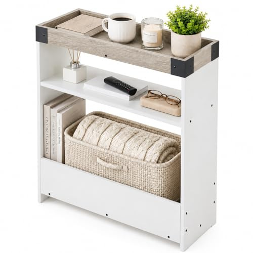 ZEXVIDA Farmhouse Narrow Side Table with Magazine Rack, Sofa Couch Side Table with Storage Shelf, Slim End Table for Small Spaces, Modern Nightstand for Bedroom, Living Room, Hallway (White & Oak)