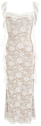 CIDER Formal Dresses for Women Wedding Guest Dresses Floral Maxi Dress Sleeveless Lace Ruffle Cocktail Bodycon Dress: Ivory, XS