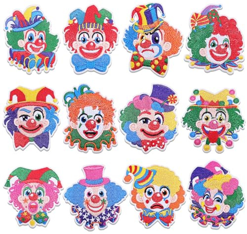 Qpout 12 Stück Kölner Karneval Farbig Bügelflicken, Joker süße bestickte Reparaturflicken zum Annähen oder Aufbügeln, Clown Applikationen für Kleidung Hosen Hüte Jeans Nähen Bastelzubehör