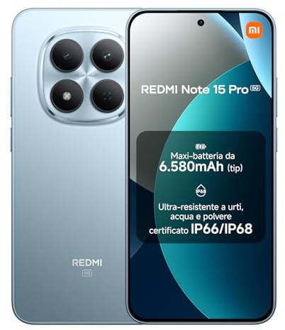 XIAOMI Redmi Note 15 Pro 5G Smartphone (8+512 GB) – Handy mit Android, 6580-mAh-Akku, IP66/IP68 Staub- und Wasserschutz, Neue 200-MP-Kamera, 6,83 AMOLED-Display, Gletscherblau, 2 Jahre Garantie