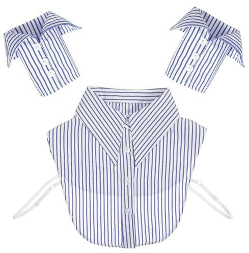 Cuello falso desmontable a rayas para mujeres y niñas, media blusa desmontable, camisa de manga falsa, collares falsos para oficina, fiesta, ocasiones formales (rayas azules y blancas)