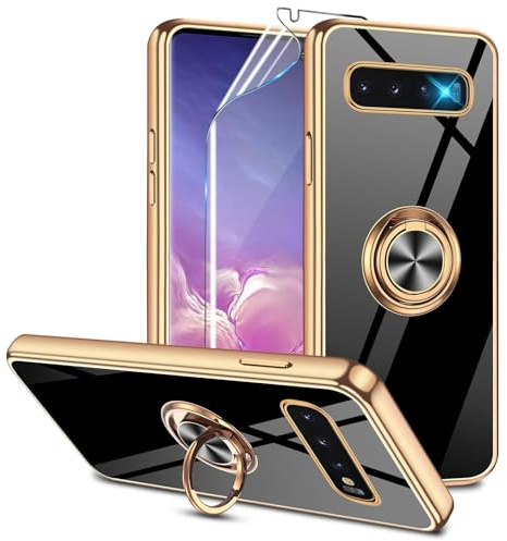 Jawneny Handyhülle für Samsung Galaxy S10 Hülle mit Schutzfolie Galvanik Glitzer Silikon Ring Ständer Kameraschutz Kratzfest Stoßfest Schutzhülle Galaxy S10 4G Hülle (Schwarz, Samsung Galaxy S10)