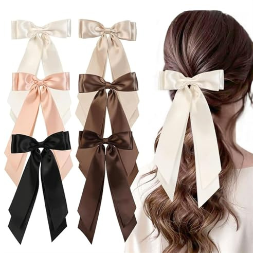 PLUSHCEWT Lot de 6 nœuds à cheveux en satin double couche pour femmes et filles, 6 couleurs, pinces à cheveux avec longue queue pour queue de cheval et tresses
