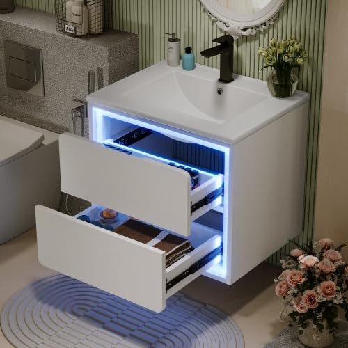 dowowdo Armadietto da bagno da 60 cm, da appendere a parete con sensore a LED, illuminazione e lavandino, colore: bianco con 2 cassetti, piscina in ceramica integrata, mobili da bagno