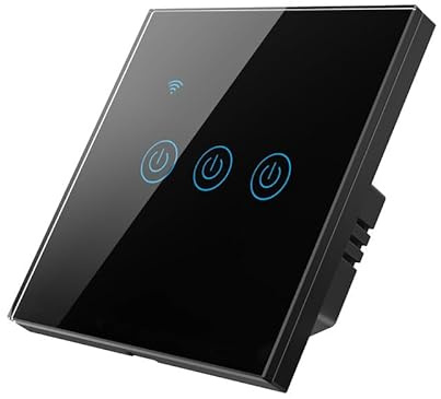 Homekit Smart-Schalter, Glas-Touch-Panel funktioniert mit Homekit, Siri-Sprachsteuerung, EU-Standard, kein Neutral- und Neutralleiter erforderlich, Dual-Modus, 10 A, Schwarz (3-Gang)